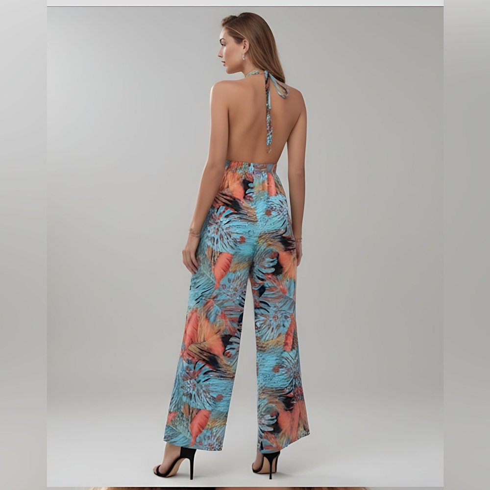 Tropical Print Tie Backless Split Thigh Halter Jumpsuit - Picture 4 of 8